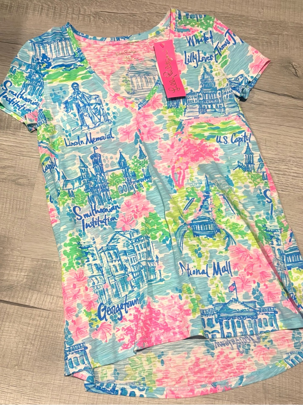 Lilly Pulitzer Girls' Washington DC Print V-Neck Top - Pink & Blue
